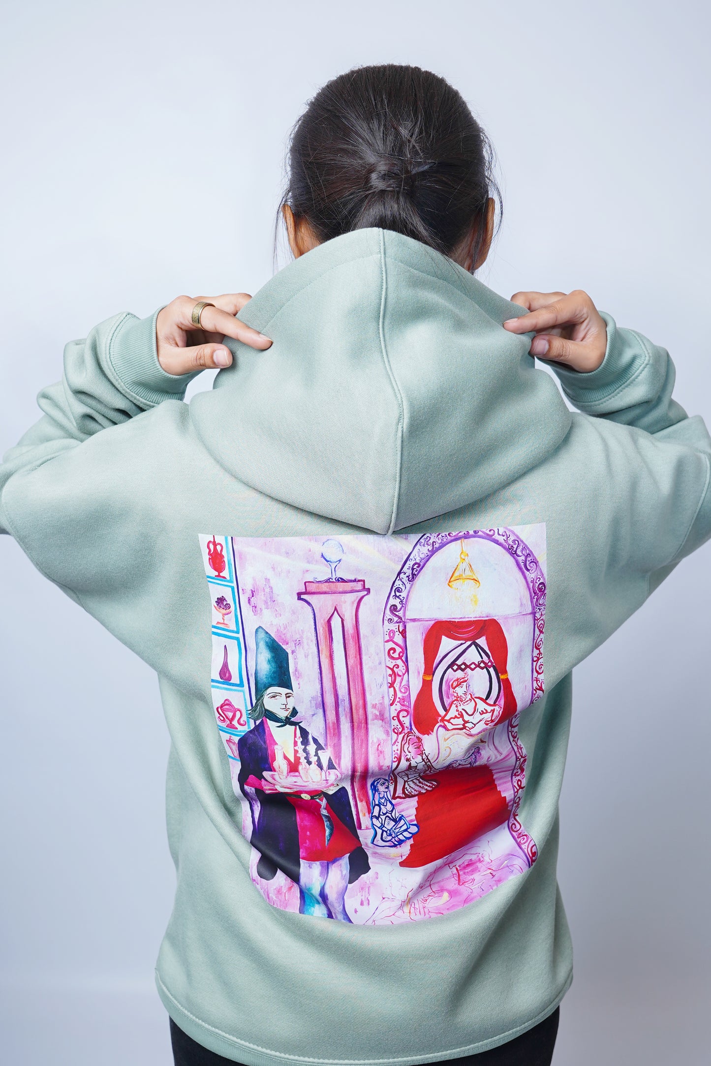 Sage Blue Hoodie with Striking and Unique Back Artwork